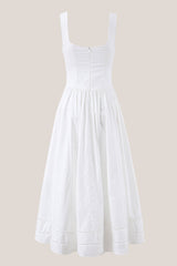 Ruffled Square Neck A-Line Cotton Midi Dress in White