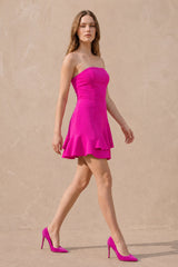 Ruffled Strapless A-Line Mini Dress in Fuchsia
