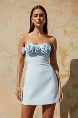 Satin Mini Dress with Flowers in Sky Blue