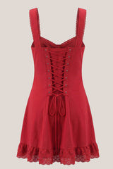 Scoop Neck A-Line Lace Cotton Mini Dress in Red