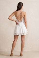 Spaghetti Straps A-Line Mini Dress with Crisscross Back in White