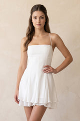 Spaghetti Straps A-Line Mini Dress with Crisscross Back in White