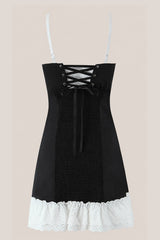 Spaghetti Straps Lace A-Line Cotton Mini Dress in Black