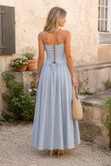 Spaghetti Straps Vintage Rose Printed Cotton Maxi Dress in Blue