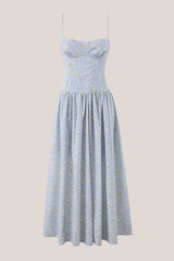 Spaghetti Straps Vintage Rose Printed Cotton Maxi Dress in Blue