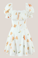 Square Neck A-Line Printed Mini Dress in White