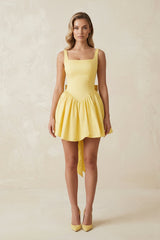 Square Neck A Line Satin Mini Dress with Back Bow in Yellow
