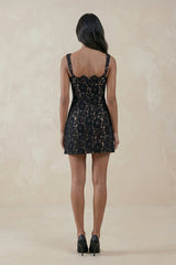 Square Neck Lace Sheath Mini Dress in Black