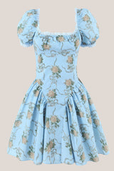 Square Neck Vintage Rose Printed Cotton Mini Dress in Blue