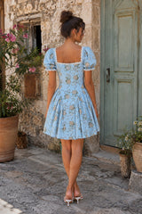 Square Neck Vintage Rose Printed Cotton Mini Dress in Blue