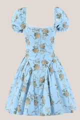 Square Neck Vintage Rose Printed Cotton Mini Dress in Blue
