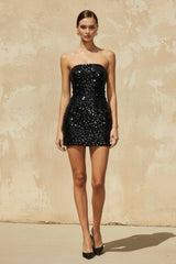 Strapless Sequined Mini Dress in Black