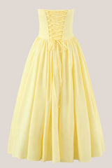 Sweetheart A-Line Corset Pleated Midi Dress in Yellow