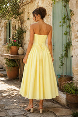 Sweetheart A-Line Corset Pleated Midi Dress in Yellow