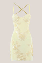 Spaghetti Straps Sheath Cotton Mini Dress in Yellow