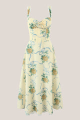 Sweetheart Vintage Rose Printed Cotton Midi Dress in Yellow