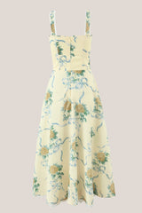 Sweetheart Vintage Rose Printed Cotton Midi Dress in Yellow