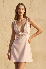 V Neck Beaded Mini Dress With Bow in Pink