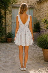 V-Neck Vintage Rose Printed Cotton Mini Dress in White