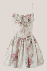 Vintage A-Line Square Rose Printed Cotton Mini Dress
