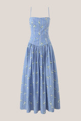 Vintage Rose Printed A-Line Cotton Midi Dress in Blue