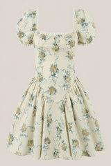 Vintage Rose Printed Cotton Mini Dress With Sleeves in Yellow