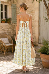 Vintage Rose Printed Sweetheart A-Line Cotton Midi Dress in Yellow