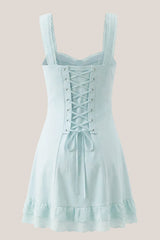 Vintage Sheath Spaghetti Strap Lace Cotton Mini Dress in Blue