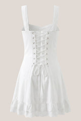 Vintage Sheath Spaghetti Strap Lace Cotton Mini Dress in White
