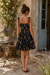 Vintage Square Neck Rose Printed Cotton Mini Dress in Black