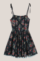Vintage Square Neck Rose Printed Cotton Mini Dress in Black