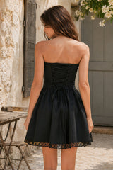 Vintage Strapless A-Line Cotton Mini Dress in Black