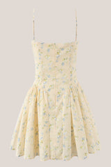 Vintage Sweetheart A-Line Rose Printed Cotton Mini Dress in Yellow