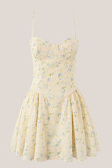 Vintage Sweetheart A-Line Rose Printed Cotton Mini Dress in Yellow