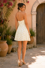 Warm Halter Rose Printed Cotton Mini Dress in White