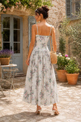 Warm Rose Printed Square Neck A-Line Cotton Midi Dress in Green