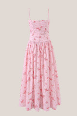 Warm Rose Printed Square Neck A-Line Cotton Midi Dress in Pink