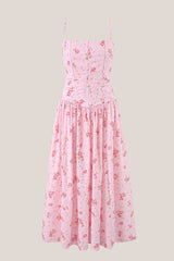 Warm Rose Printed Square Neck A-Line Cotton Midi Dress in Pink