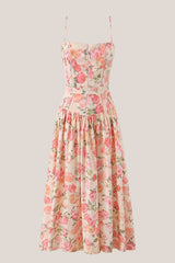 Warm Rose Printed Square Neck A-Line Cotton Midi Dress in Red