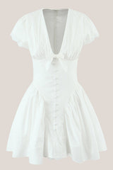 White Cotton A-Line V-Neck Mini Dress