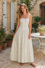 White Vintage Rose Printed A-Line Cotton Midi Dress