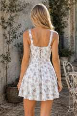 White Vintage Rose Printed A-Line Cotton Mini Dress