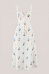 White Warm Rose Print Cotton Ruffled Midi Dress