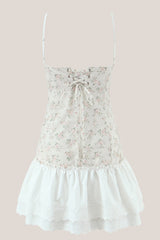 White Warm Rose Print Cotton Ruffled Mini Dress