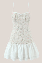 White Warm Rose Print Cotton Ruffled Mini Dress