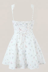 White Warm Rose Print Cotton Ruffled Mini Dress