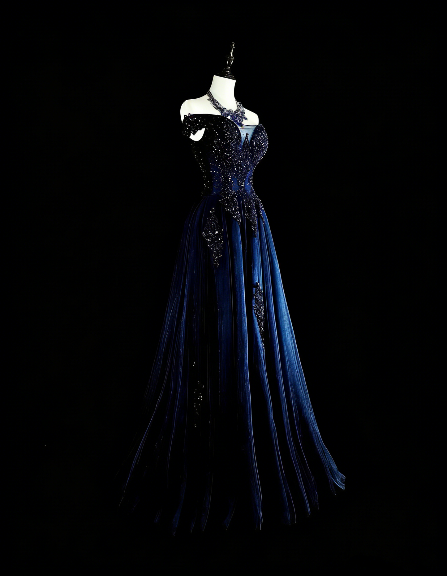 Vintage A line Off The Shoulder Navy Blue Tulle 90s Evening Gowns Formal Birthday Dress Long Prom Dresses N1752