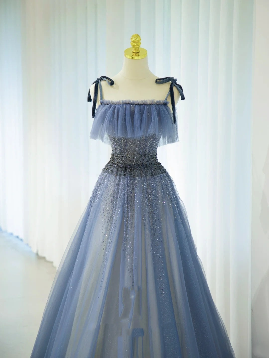 Romantic A Line Spaghetti Strap Dusty Blue Grey With Beading Formal Dress Long Prom Dresses N2856