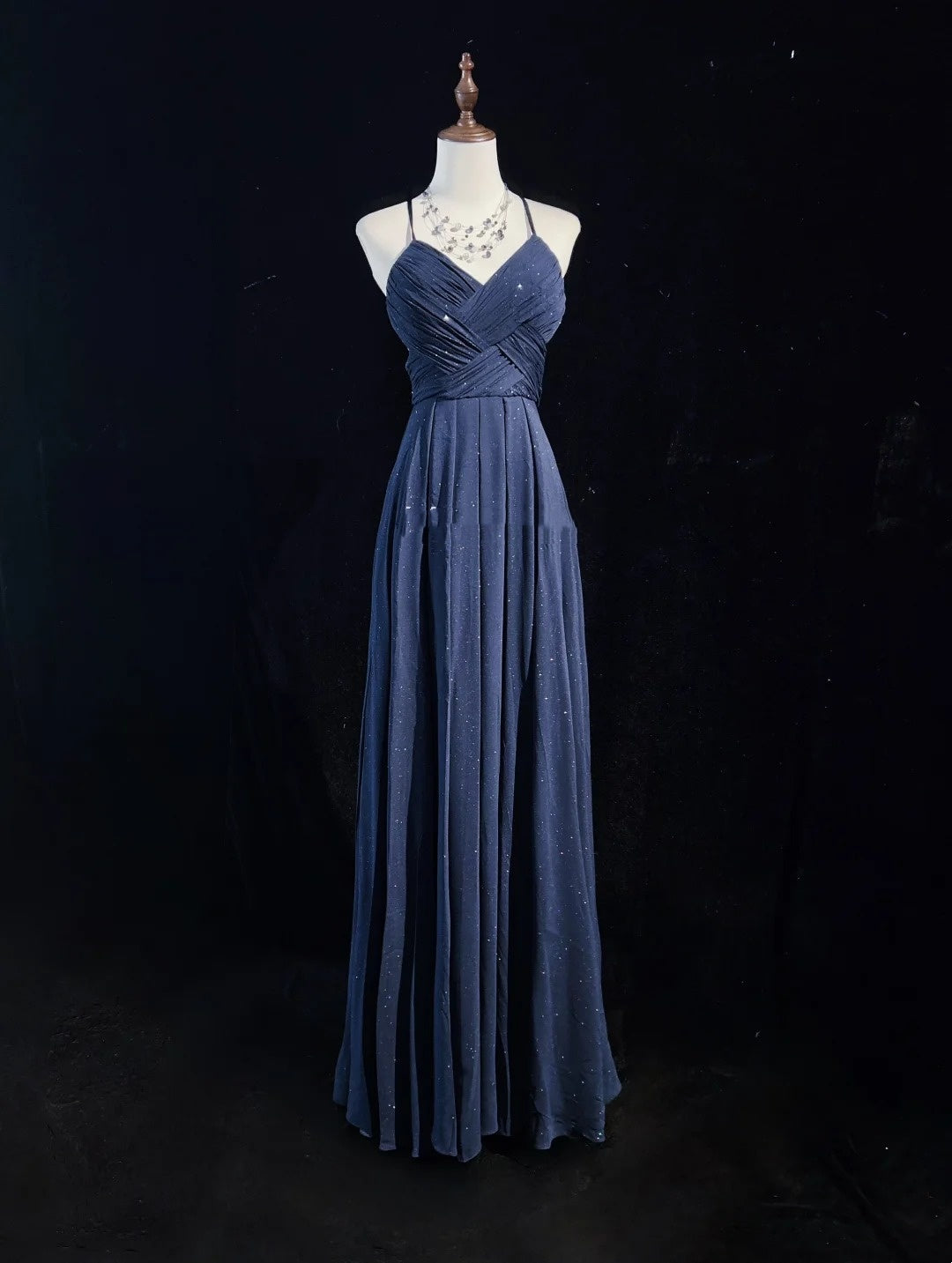 Vintage Prom Dresses 90s A line Spaghetti Strap Navy Blue Sequined Backless Long Evening Outfits N3141