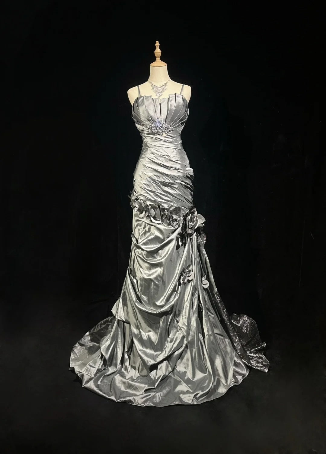 Beautiful Prom Dresses Mermaid Spaghetti Strap Silver Gray With Flowers Long Formal Evening Outfits N3684